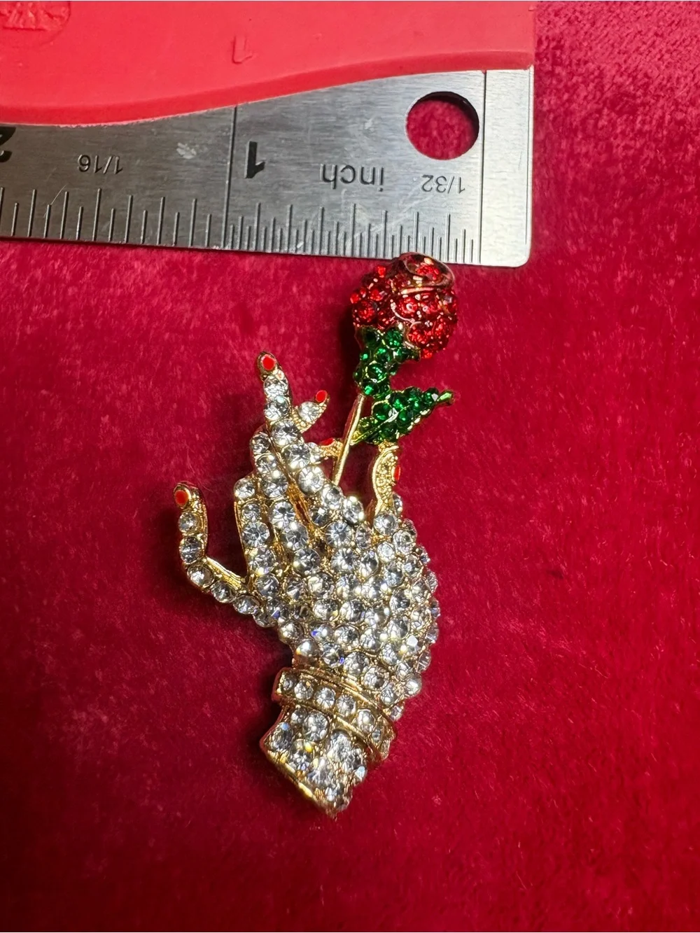 Brooch Crystal Lady Hand & Rose  - Rhinestone Gold Tone Red Green Accents Pin